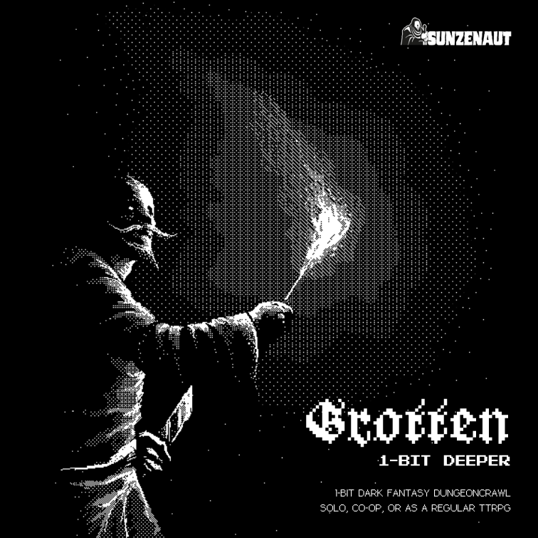 Produktabbildung des Grotten-Regelheftes. Ein  Abenteurer erleuchtet mit einer Fackel das gefährliche Dunkel.